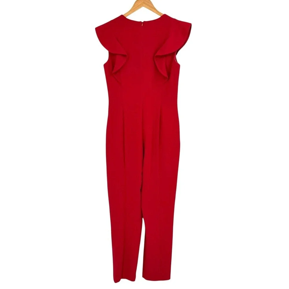 Black Halo Womens Size 8 Jumpsuit Red Ruffle Shoulder Formal Cocktail City Sleek